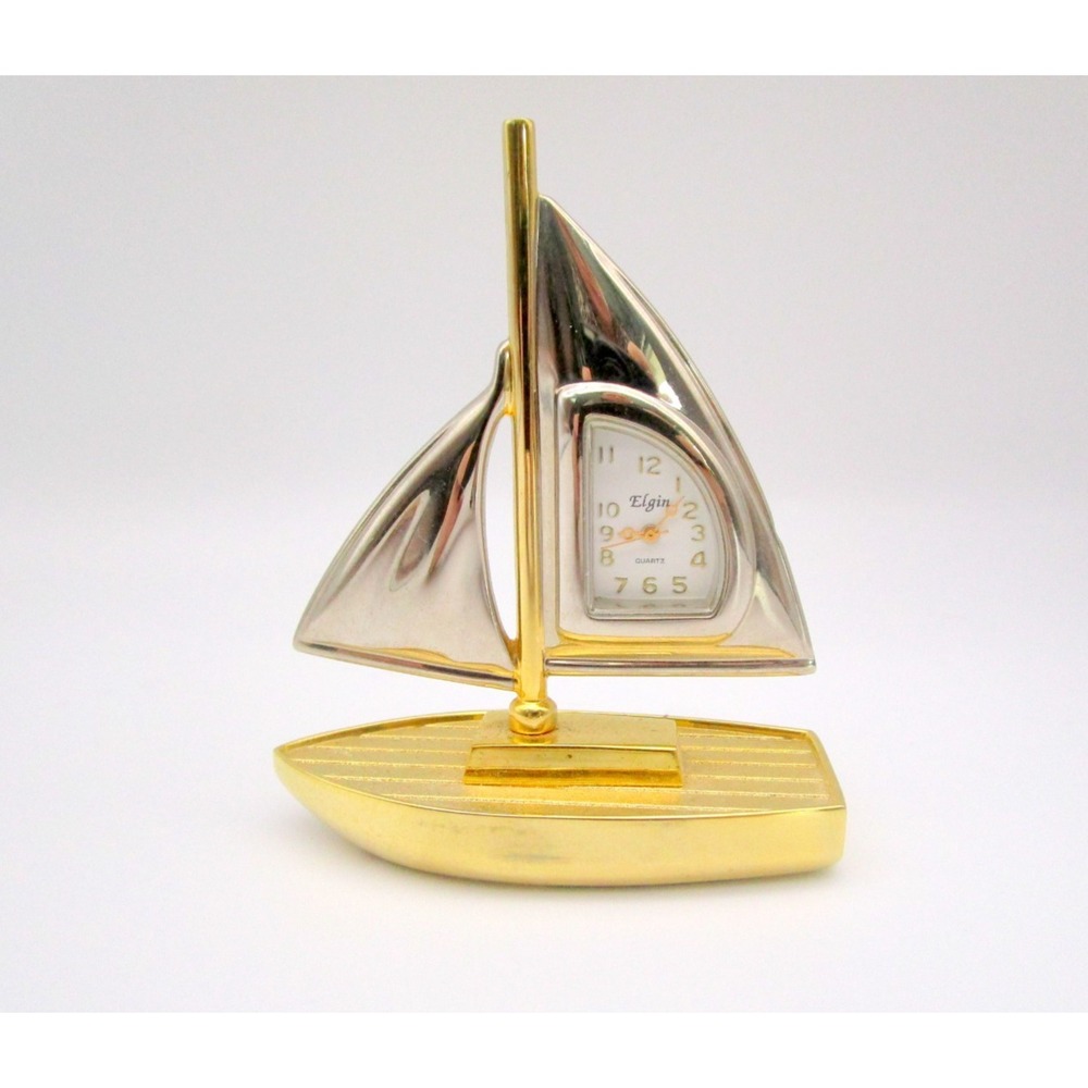 Elgin Sail Boat Desk Clock 2 Tone Gold and Silver Battery Mini Nautical